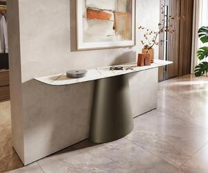 DELIFE Konzolový stolík Edge zaoblený tvar 180×40 cm keramika Calacatta Luxe bielo-zlato-šedá Conos kov titánová farba