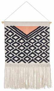 Záves na stenu oranžová a čierna bavlna 56 x 106 cm ručne tkaný so strapcami geometrický vzor nástenná dekorácia obývacia izba v štýle boho spálňa