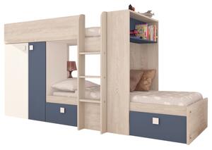 Poschodová posteľ so skriňou a úložným priestorom EMMET III pínia cascina/modrá, 90x200 cm