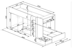 Poschodová posteľ so skriňou a úložným priestorom EMMET III pínia cascina/staroružová, 90x200 cm