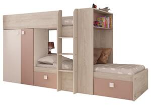 Poschodová posteľ so skriňou a úložným priestorom EMMET III pínia cascina/staroružová, 90x200 cm