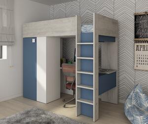 Poschodová posteľ so skriňou a stolom EMMET V pínia cascina/modrá, 90x200 cm