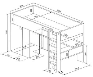 Poschodová posteľ so skriňou a stolom EMMET V pínia cascina/staroružová, 90x200 cm