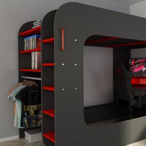 Poschodová posteľ s PC stolom MSPACE sivá/červená