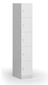Šatníková skrinka s úložnými boxmi, 5 boxov, 1850 x 300 x 500 mm, cylindrický zámok, laminované dvere, biela