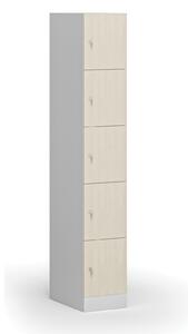 Šatníková skrinka s úložnými boxmi, 5 boxov, 1850 x 300 x 500 mm, cylindrický zámok, laminované dvere, breza