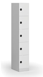 Šatníková skrinka s úložnými boxmi, 5 boxov, 1850 x 300 x 500 mm, kódový zámok, laminované dvere, biela
