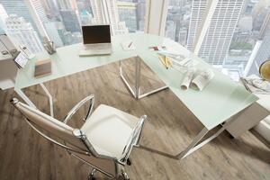 Rohový písací stôl Atelier sklo / biely