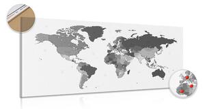 Obraz na korku detailná mapa sveta v čiernobielom prevedení