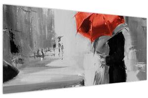 Obraz - Zamilovaný pár pod dáždnikom, červený (120x50 cm)