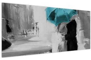 Obraz - Zamilovaný pár s dáždnikom, modrý (120x50 cm)