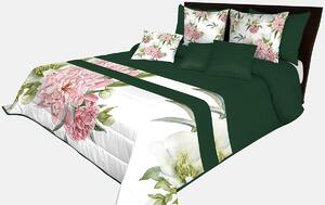 Prehoz na posteľ v smaragdovo zelenej farbe s potlačou veľkej ružovej kvetiny Zelená