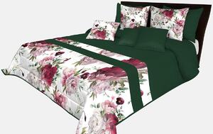 Prešívaný prehoz na posteľ v smaragdovo zelenej farbe s dokonalou potlačou ružových pivonií Zelená