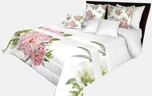 Prehoz na posteľ v bielej farbe s potlačou veľkej ružovej kvetiny a zelených listov Biela