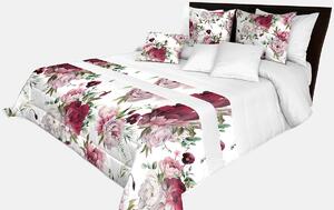 Prešívaný prehoz na posteľ v bielej farbe s dokonalou potlačou ružových a bordových pivonií Biela