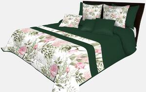 Prešívaný prehoz na posteľ v smaragdovo zelenej farbe s krásnymi ružovými kvetinami Zelená