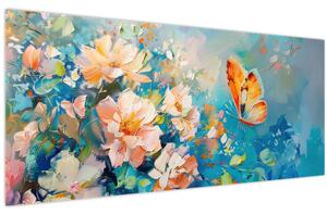 Obraz - Motýľ a kvety, olejomaľba II. (120x50 cm)