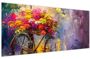 Obraz - Bicykel s kvetmi (120x50 cm)