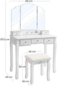 VASAGLE Toaletný stolík 3 veľké zrkadlá biele 80 x 137 x 40 cm