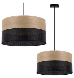Závesné svietidlo Wood, 1x dýha zlatý dub/čierne PVC tienidlo, (fi 40cm)