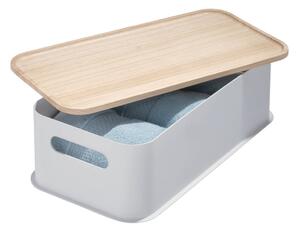 Sivý úložný box s vekom z dreva paulownia iDesign Eco Handled, 21,3 x 43 cm