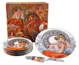 Servírovací tanier s lopatkou + 6 dezertných tanierikov Alfons Mucha biely (*)