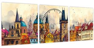 Obraz - Jeseň v maľovanom meste (s hodinami) (90x30 cm)