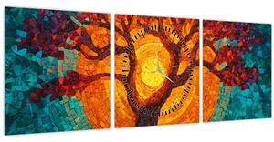 Obraz - Strom života a slnko v mozaike (s hodinami) (90x30 cm)
