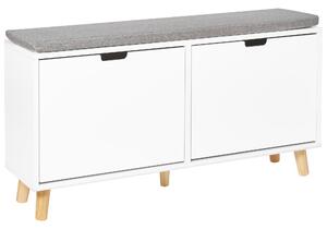 Skrinka na topánky biela MDF 2 priehradky úložný priestor so sedacím vankúšom minimalistický škandinávsky štýl predsieň