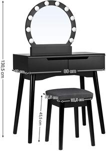 SONGMICS Toaletný stolík s okrúhlym zrkadlom a osvetlením čiernej farby