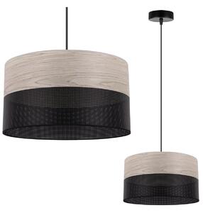 Závesné svietidlo Wood, 1x svetlobéžová dubová dýha/čierne PVC tienidlo, (fi 30cm)
