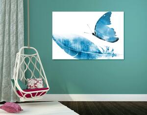 Obraz pierko s motýľom v modrom prevedení Varianta: 120x80