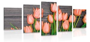 5-dielny obraz očarujúce oranžové tulipány na drevenom podklade