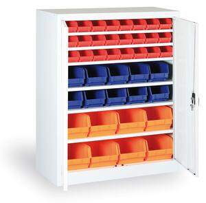 Skriňa s plastovými boxami BASIC - 1150 x 400 x 920 mm, 16xA/12xB/8xC, sivá/sivé dvere