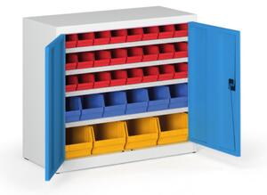 Skriňa s plastovými boxami BASIC - 800 x 400 x 920 mm, 24xA/6xB/4xC, sivá/modré dvere