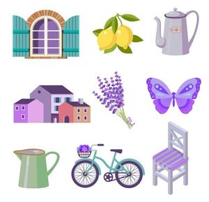 Ilustrácia set of color flat vector icons for Provence travel, kukurikov