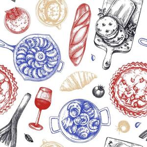 Ilustrácia French food seamless pattern, Ievgeniia Lytvynovych, (40 x 40 cm)