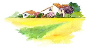 Ilustrácia Rural house and yellow field in, zzorik, (40 x 24.6 cm)