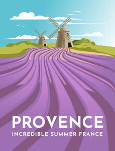 Ilustrácia Provence lavender fields and windmills. Classic, Mariia Agafonova, (30 x 40 cm)