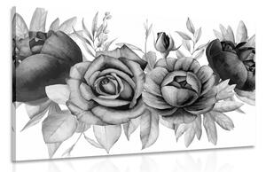 Obraz okúzľujúca kombinácia kvetov a listov v čiernobielom prevedení Varianta: 120x80