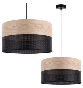 Závesné svietidlo Wood, 1x béžová dubová dýha/čierne PVC tienidlo, (fi 40cm)