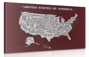 Obraz náučná mapa USA s bordovým pozadím Varianta: 120x80