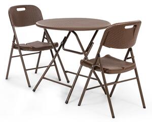Blumfeldt Posedenie Burgos stôl + 2 stoličky oceľové trubky HDPE imitácia ratanu sklápateľné