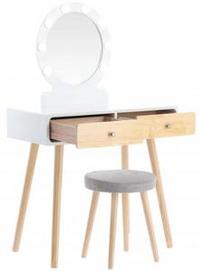 Biely drevený toaletný stolík s LED zrkadlom a taburetkou Prírodná