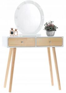 Biely drevený toaletný stolík s LED zrkadlom a taburetkou Prírodná