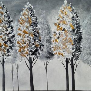 Maľovaný obraz čierno-bielo-zlatý les 80x80 cm