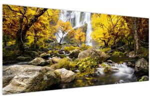 Obraz - Vodopády v jesennej krajine, žlté (120x50 cm)