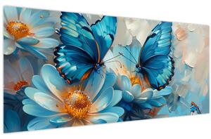 Obraz - Modrí motýle (120x50 cm)