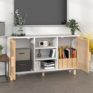 Komoda biela 105x30x60 cm masívna borovica a prírodný ratan