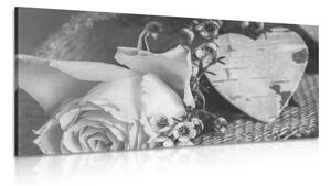 Obraz ruža a srdiečko vo vintage čiernobielom prevedení Varianta: 100x50